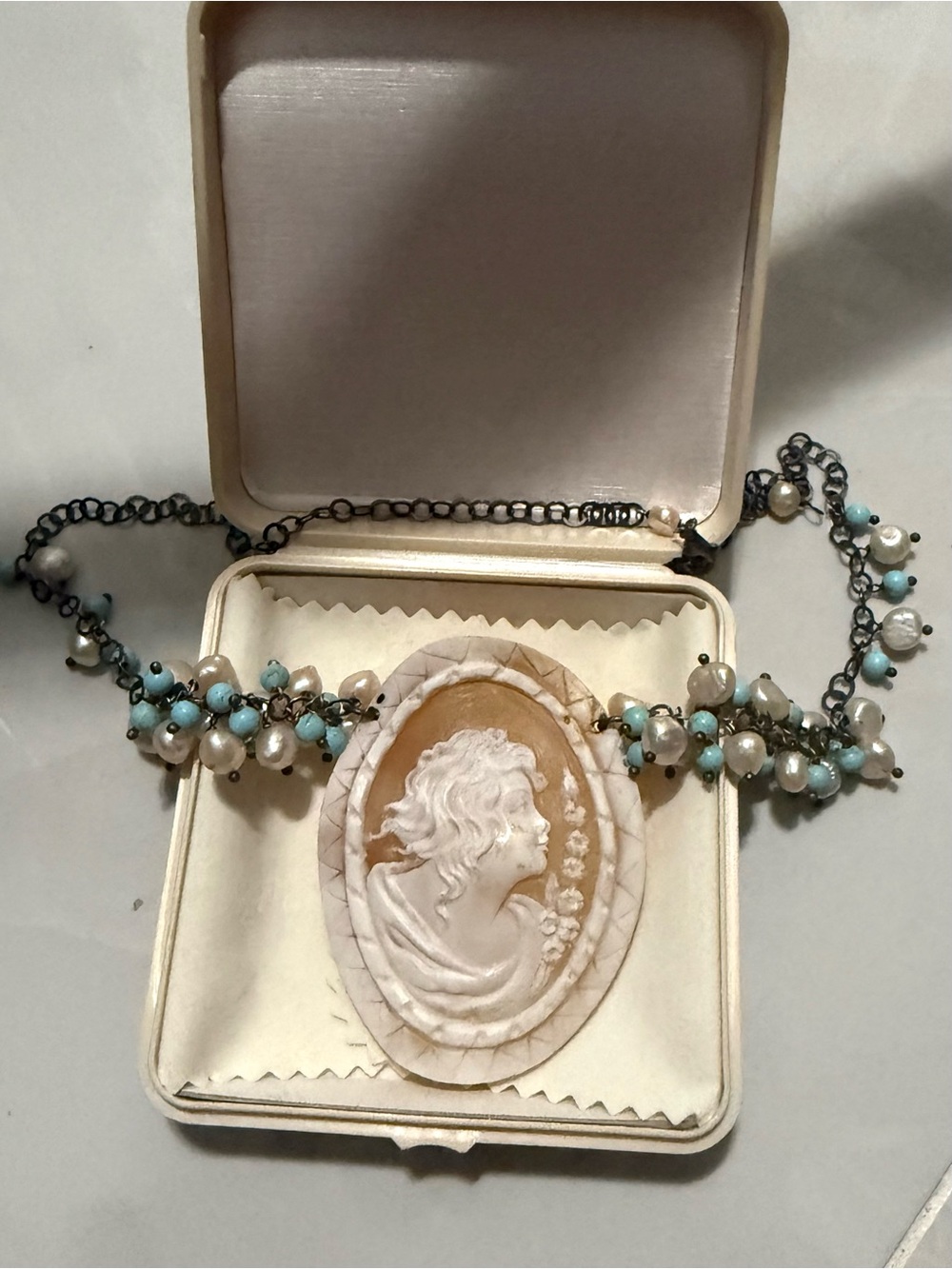 Vintage Style Cameo Pendant Necklace with Aqua and Pearl Beads